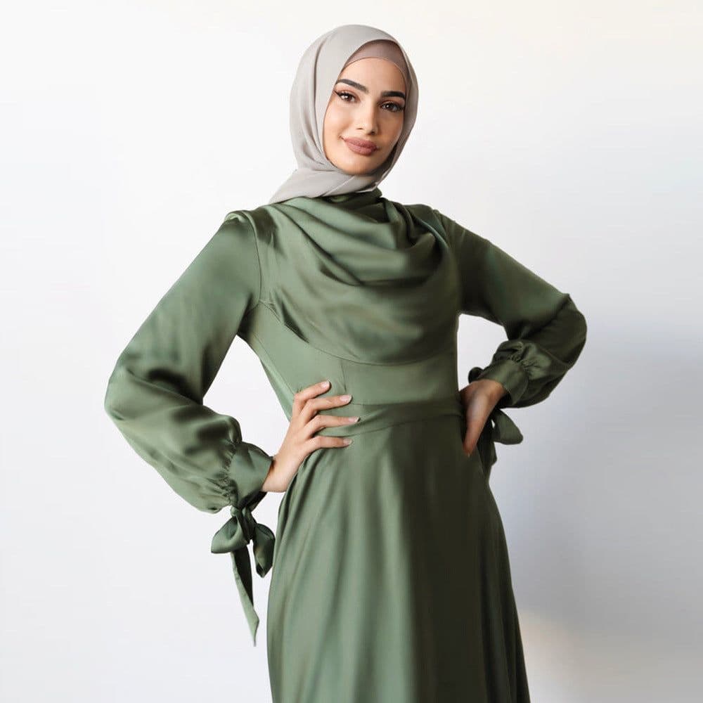 image-Muslim Abaya Dress - Long Sleeve High Waist A-Line Off White