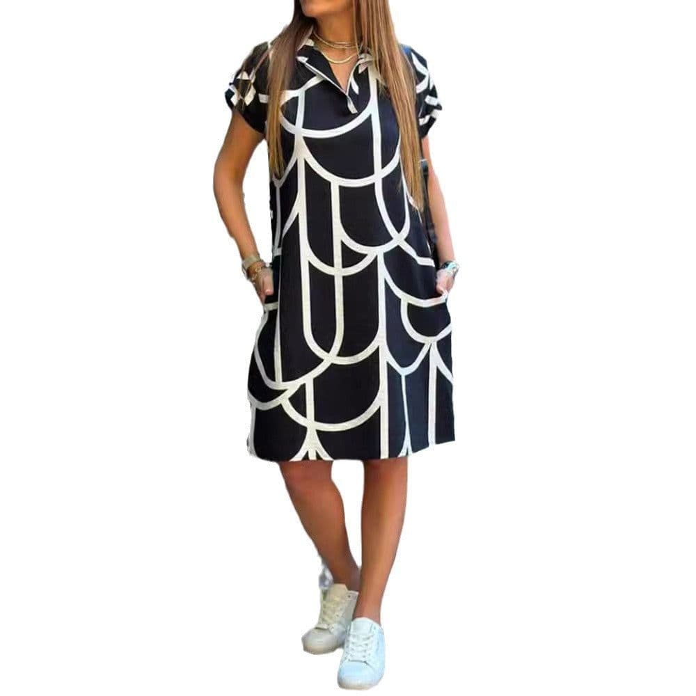 image-Women's Printed V-Neck Midi Dress - Polyester Short Sleeve