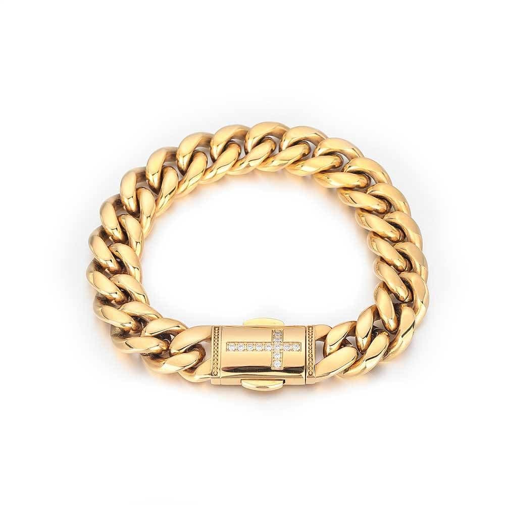 image-Stainless Steel Cuban Chain Bracelet - Gold 12mm Zircon