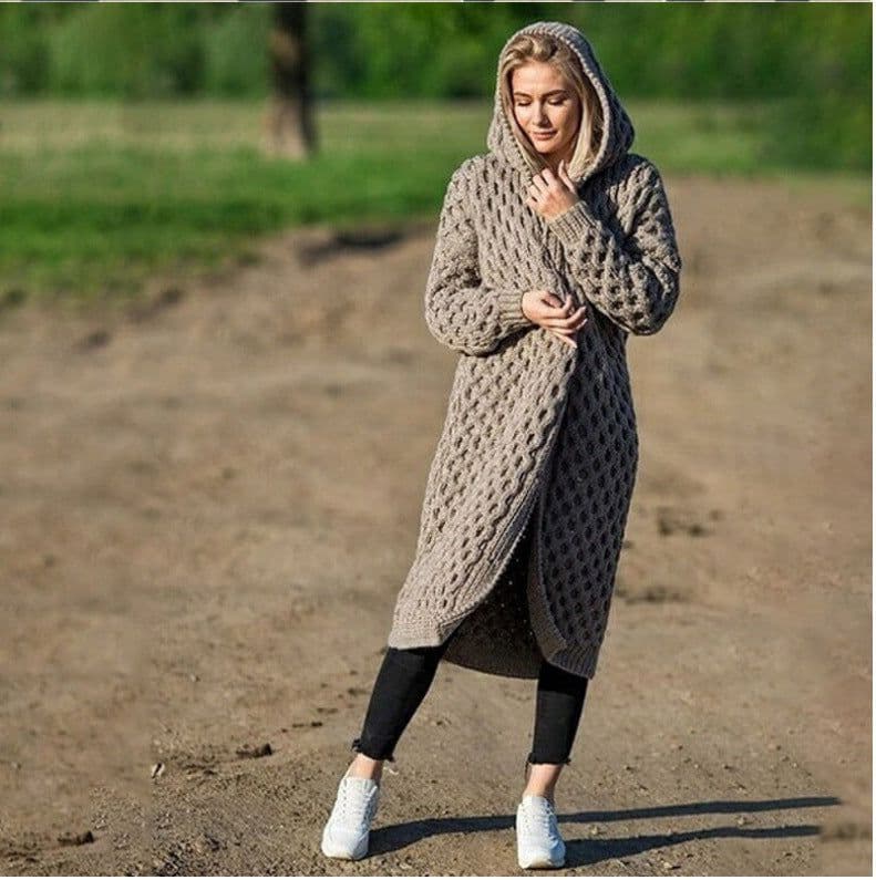 image-Womens Long Knitted Hooded Cardigan Coat