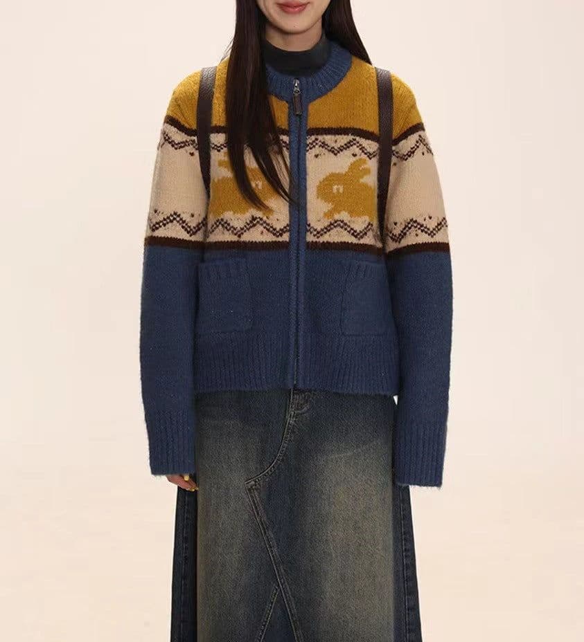 image-Moromoro Rabbit Jacquard Cardigan - Yellow L