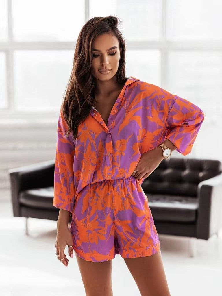 image-Women's Casual Shirt Shorts Set - Multicolor
