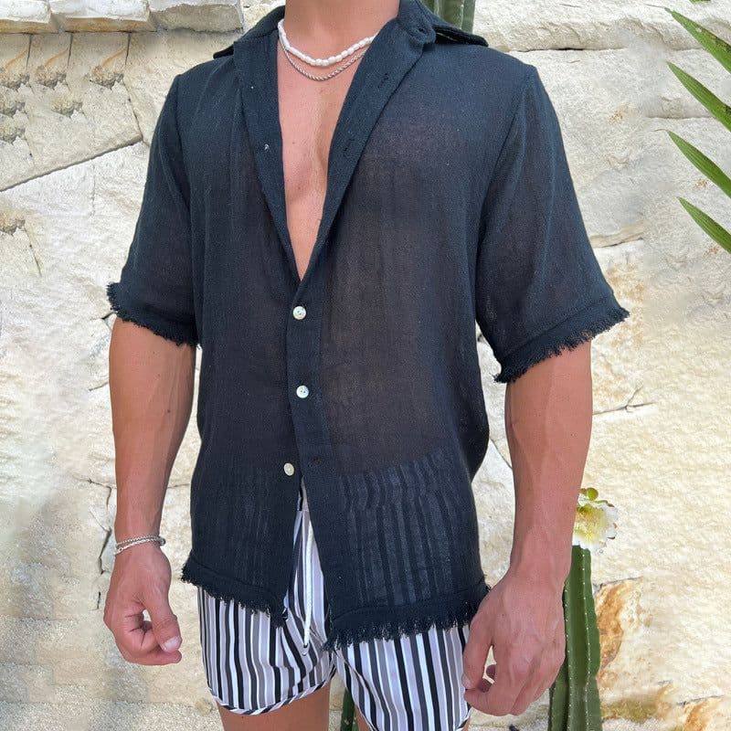 image-Men's Cotton Linen Shirt Short Sleeve Cardigan Khaki XXXL