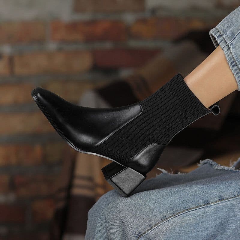 image-Women's Knitted Sock Boots - Square Toe Chunky Heel Ankle