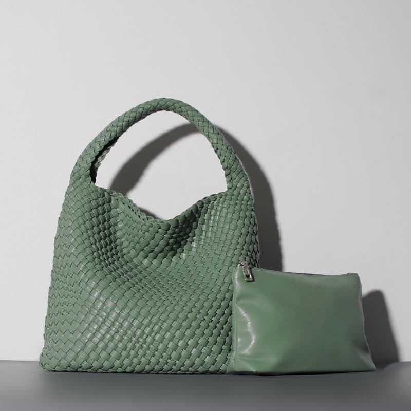 image-Woven Bucket Bag - Black Vegan Leather Large