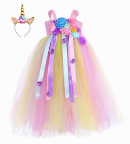 image-Children's Dress Colorful Candy Mesh Dress Unicorn Headband Lined Girls Tutu Skirt