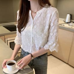 image-Women's 2023 Japanese V-Neck Embroidered Shirt - White, Slim