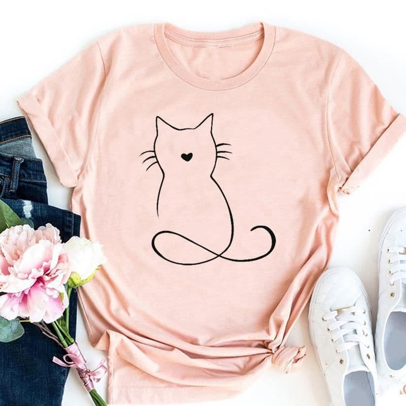 image-Cute Cat Print T-Shirt - Milk Silk 5XL Short Sleeve