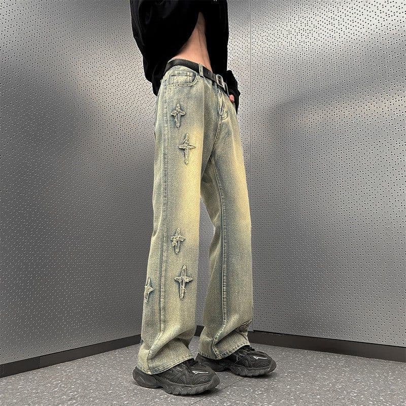 image-Yellow mud cross jeans men's spring and autumn national trend oversize pants handsome loose micro-flared wide-leg pants