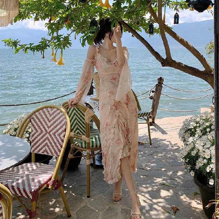 image-Holiday Floral Beach Dress - Summer Long Skirt Women's V-Neck Chain Link