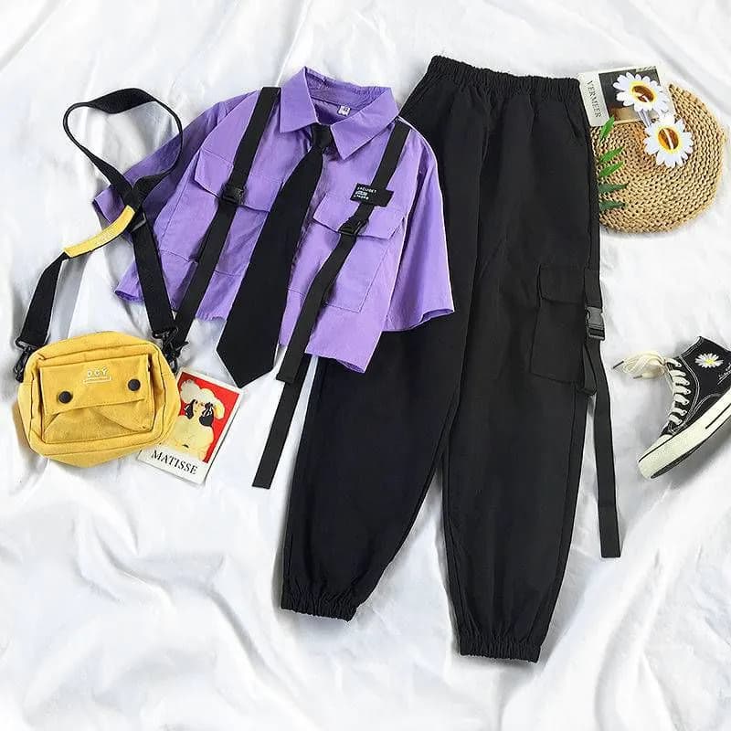 image-Korean Style Female Student Summer Suit - Black XL Urban Commuting Two-Piece Set