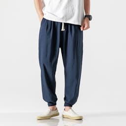 image-Jin Geyi Men's 5XL Japanese Harem Pants - Light Yellow Flax