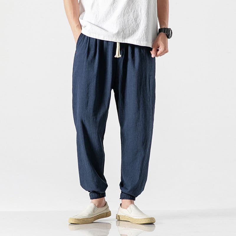 image-Jin Geyi Men's 5XL Japanese Harem Pants - Light Yellow Flax
