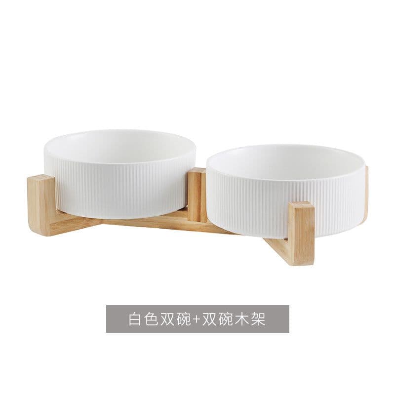 image-Hangyi Ceramics Double Bowl Pet Dish - Wooden Frame, Anti-Knock - 24 Pack