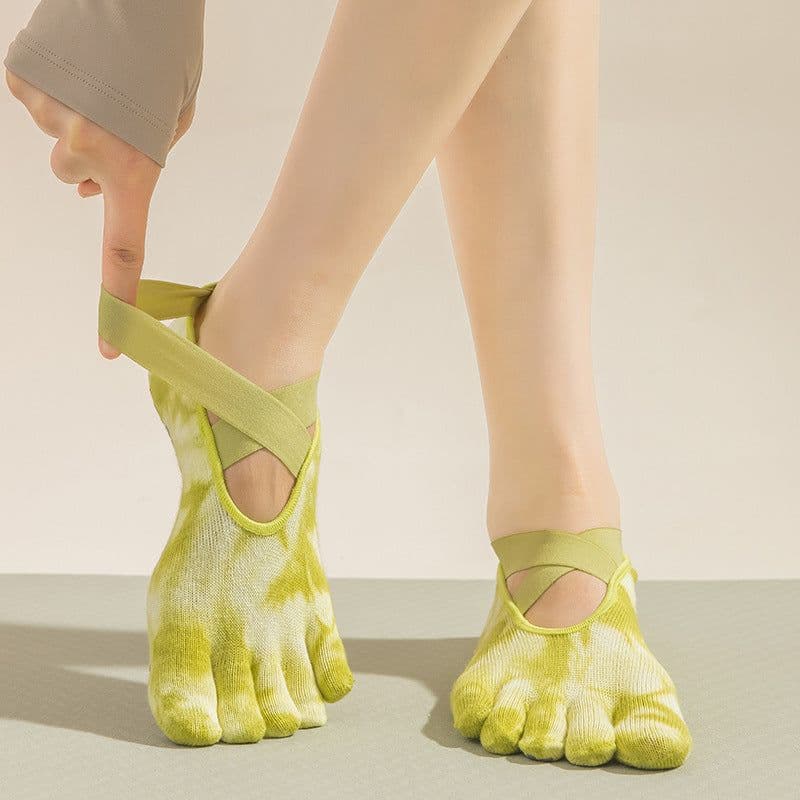 image-Women's Tie-Dye Five-Toe Yoga Socks - Non-Slip Cotton