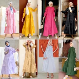 image-Cotton Blend Maxi Dress - Dark Green Puff Sleeves