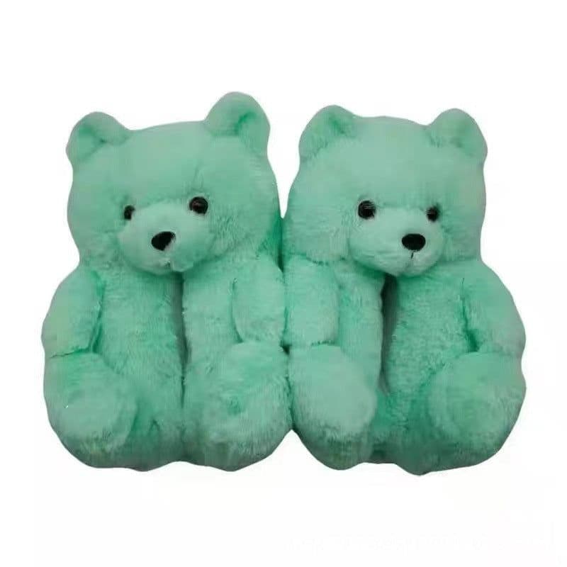 image-Cartoon Bear Plush Slippers - Large, South Korean Velvet, Dark Teddy Bear Shoes