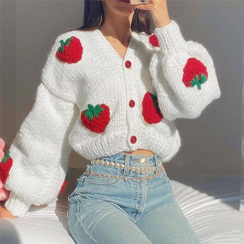 image-European and American style 2021 autumn and winter new women's fashion design single-breasted V-neck knitted cardigan strawberry long-sleeved sweater
