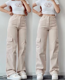 image-Women's Cargo Pants - Khaki Mid-Rise Straight Leg Cotton