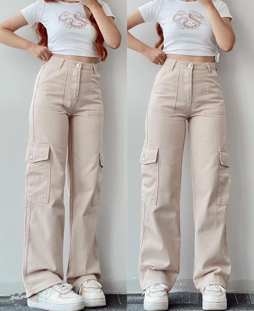 image-Women's Cargo Pants - Khaki Mid-Rise Straight Leg Cotton