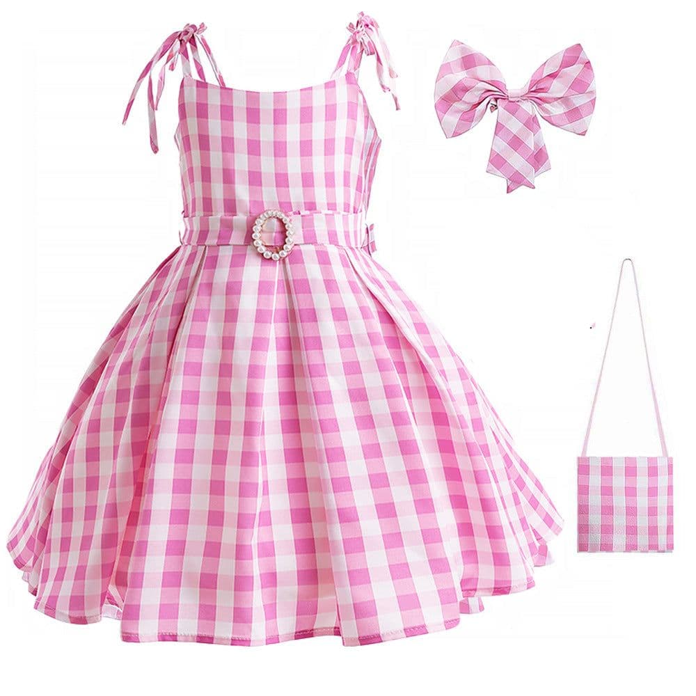 image-Cross-border girls' dress, girl's festival dress, plaid headband bag, 8-piece suit
