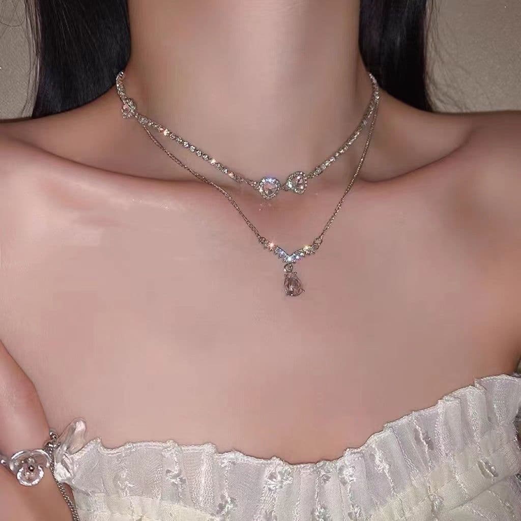 image-Ni Qi Jewelry Double-Layer Diamond Necklace - Clavicle Chain