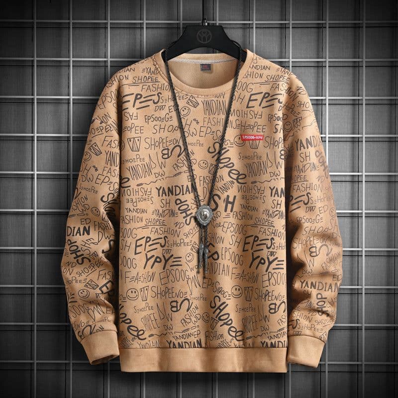 image-Men's 2023 Spring Casual Suede Print Sweatshirt 5XL Apricot