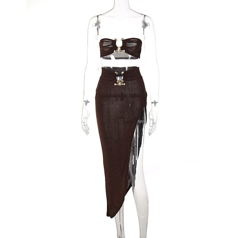 image-TUNNEL VISION Women's Two-Piece Set - Brown Sleeveless Skirt