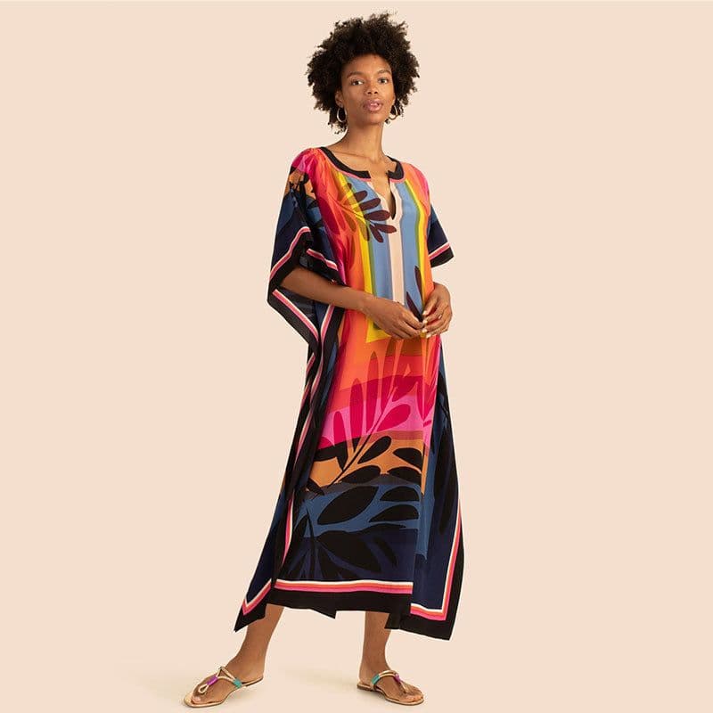 image-European and American new positioning printed blouse seaside holiday long skirt loose blouse bikini swimsuit robe outer wear female