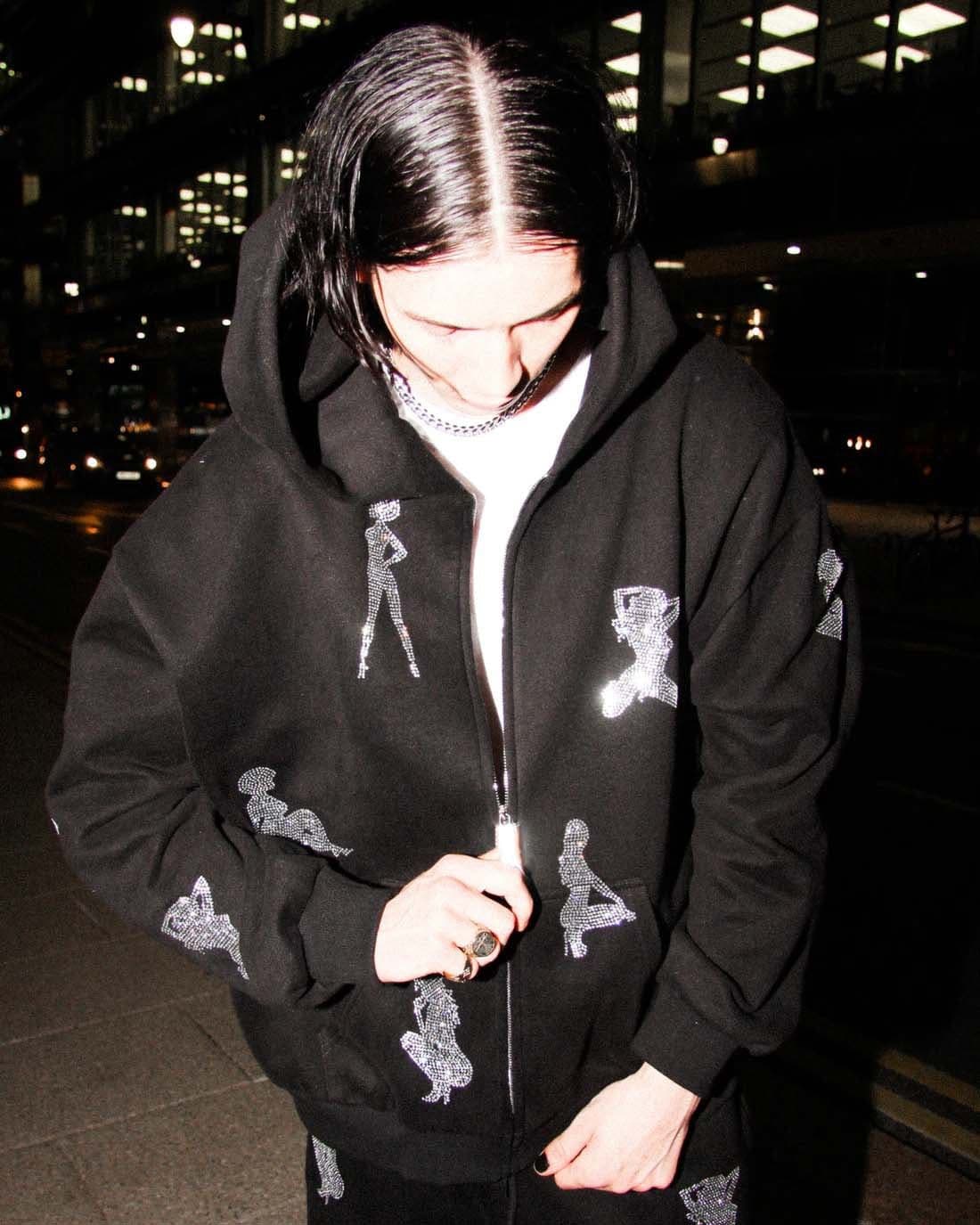 image-Rhinestone Print Hoodie Cardigan Zip Coat Unisex Loose Sweater Europe America