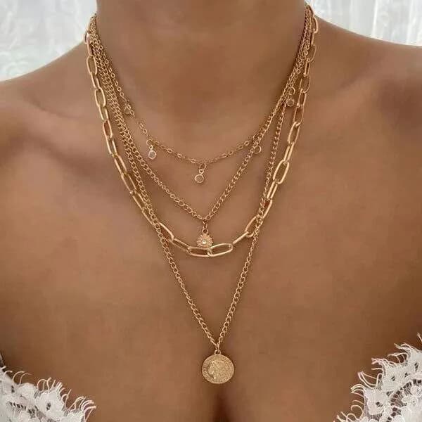 image-Xiaotong Diamond-Encrusted Multi-Layer Necklace 4-Tier Retro