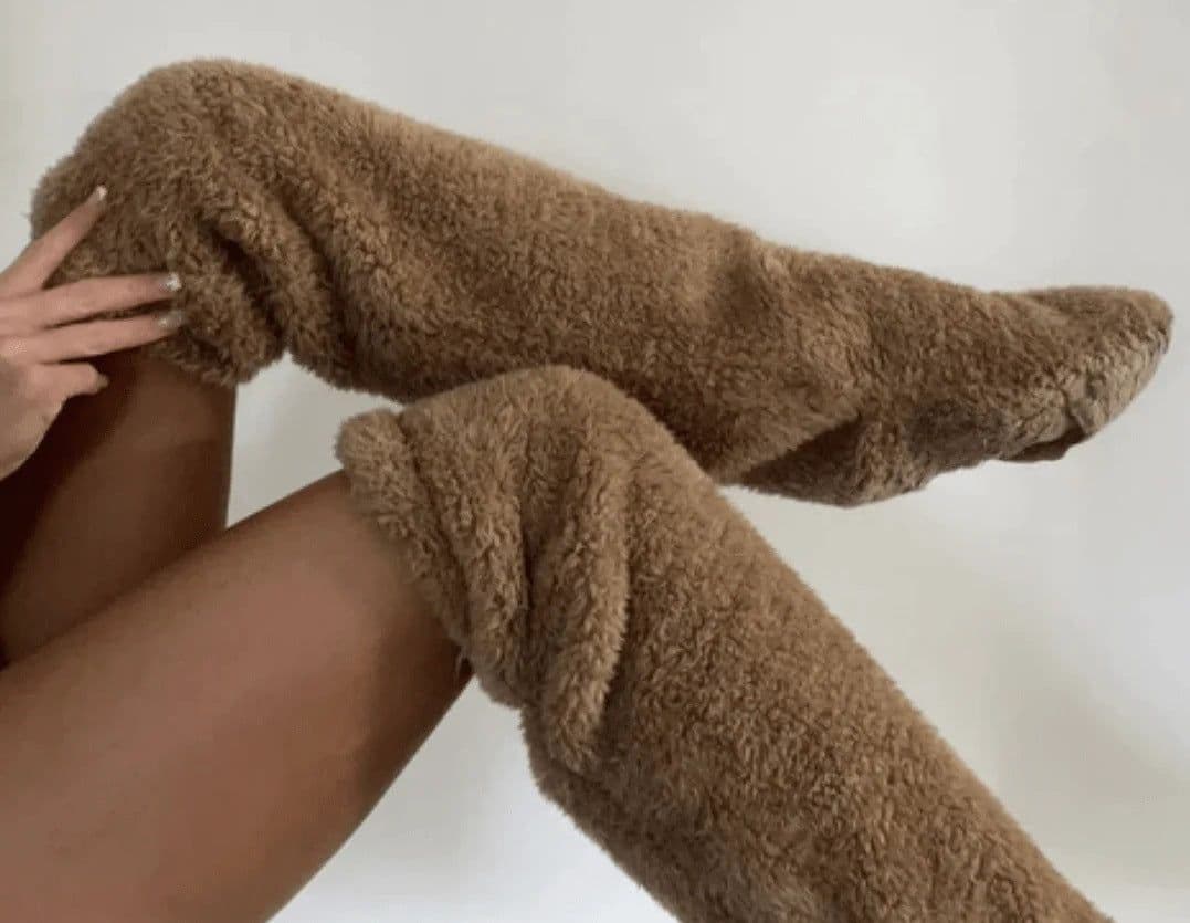 image-Women's Teddy Bear Floor Socks - Light Grey Knee High