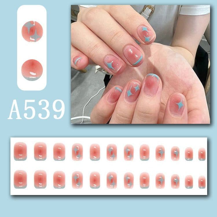image-Summer fresh, sweet and cool style manicure, wearable nail pieces, French line blending, removable fake nail pieces, finished products wholesale