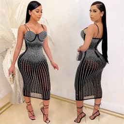 image-Women's Mesh Dress - Diamond Embellished U-Neck Midi
