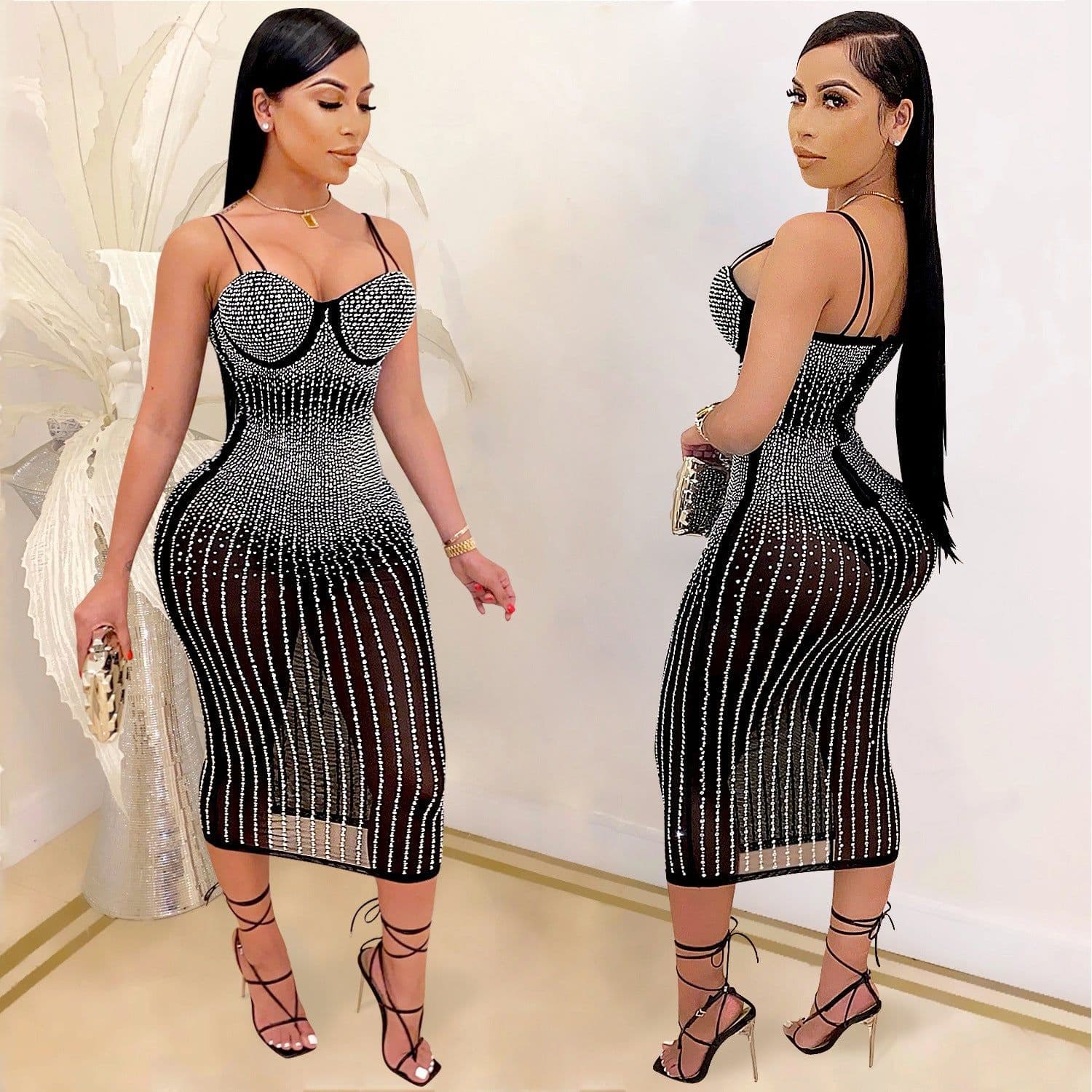 image-Women's Mesh Dress - Diamond Embellished U-Neck Midi
