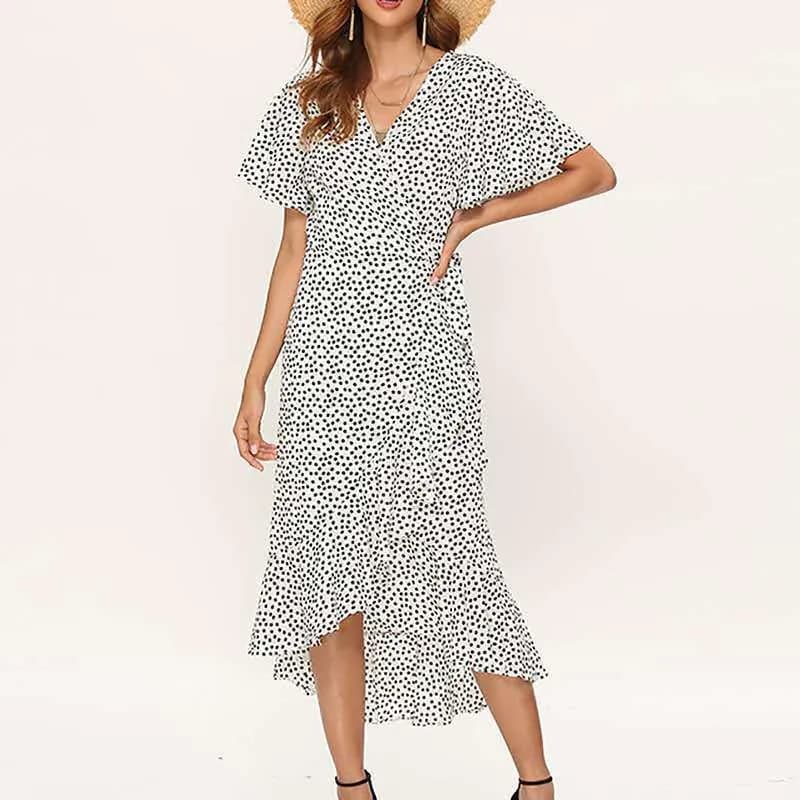 image-Chiffon Dress - Green V-Neck High Waist Petal Sleeve