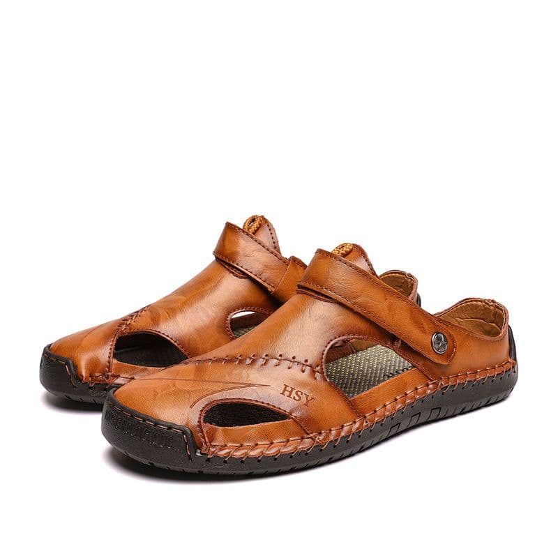 image-Men's Sandals - Large Size, Breathable, Yellow Brown Leather, Outdoor Hiking