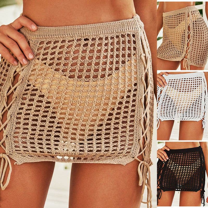 image-Knitted Beach Skirt Women - Hollow Drawstring