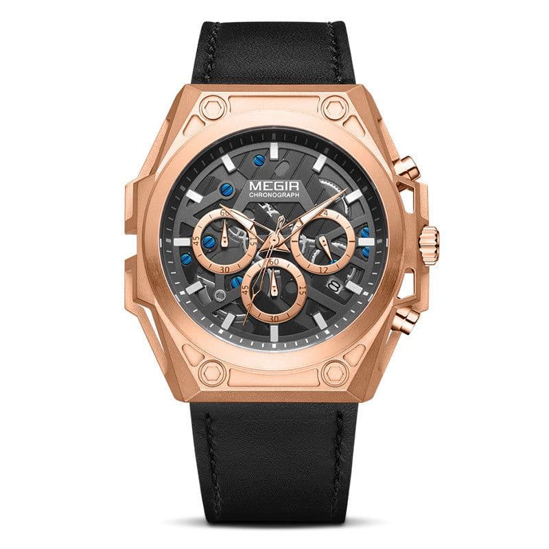 image-Megir 47mm Chronograph Sports Watch - Stainless Steel 50m Waterproof Black Strap