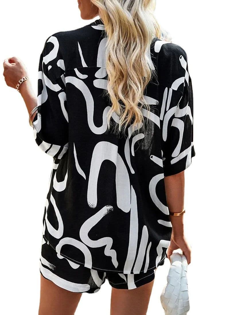 image-Women's Printed Shirt Shorts Set - Apricot Casual 2pc XL