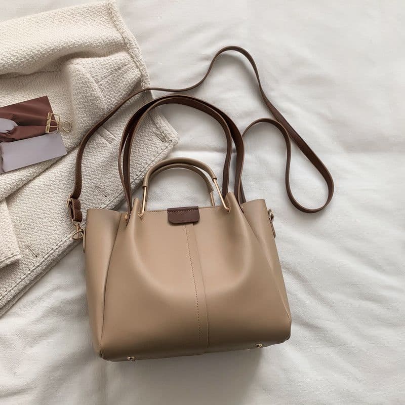 image-Khaki PU Bucket Bag - Large Capacity Tote