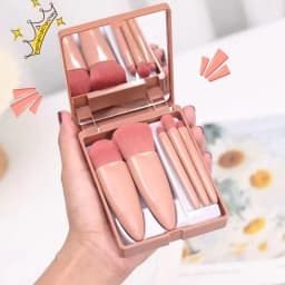 image-Makeup Brush Set 5pcs Pink Heart with Mirror
