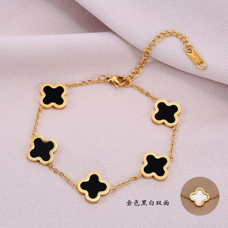 image-Titanium Steel Four-Leaf Clover Bracelet - Black/Red Gold