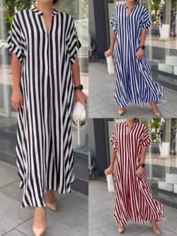 image-Striped Cardigan Dress - Blue V-Neck Long Sleeve