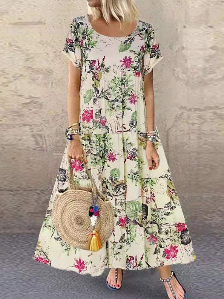 image-Women's Retro Floral Print Short Sleeve Dress