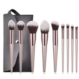 image-Champagne Gold Makeup Brush Set With Gray Cosmetic Bag 14 Pieces
