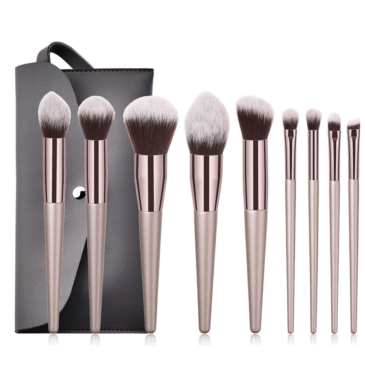 image-Champagne Gold Makeup Brush Set With Gray Cosmetic Bag 14 Pieces