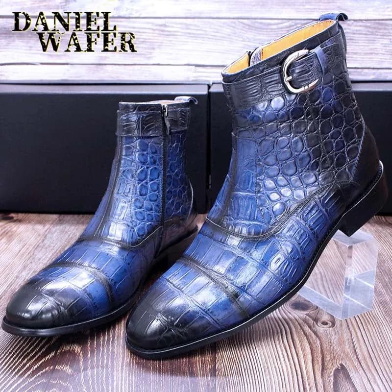image-Men's Leather Martin Boots - Brown Crocodile