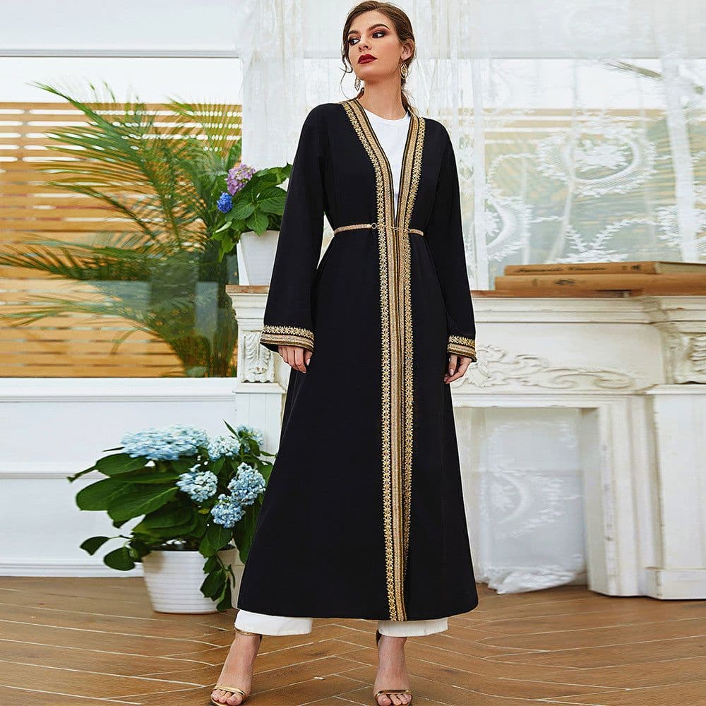 image-Black Lace Embroidered Dress - V Neck Long Sleeve XXL