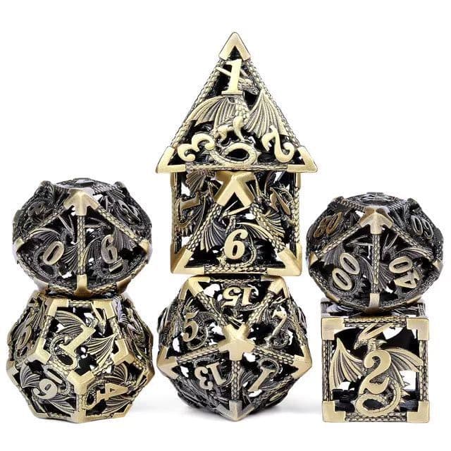 image-Metal D20 Dice - Hollow Dragon Design Green w/ Red Numbers